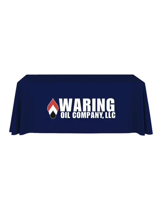 6' Stain-Resistant 4-Sided Dark Navy Table Cover w/Waring Oil Logo