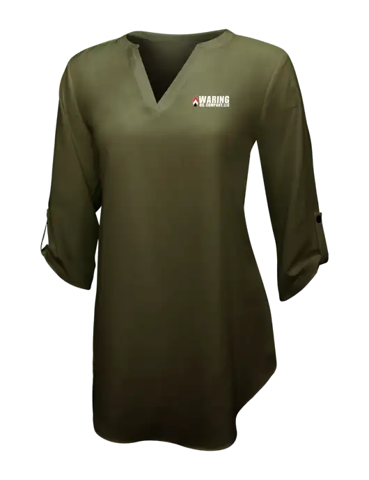 Womens Dark Olive 3/4 Sleeve Tunic Blouse w/Waring Oil Logo