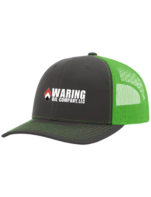 Richardson Adjustable Snapback Original 112 Trucker Cap Charcoal Grey w/Neon Green Mesh w/Waring Oil Logo