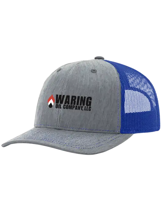 Richardson Adjustable Snapback Original 112 Trucker Cap Heather Light Grey w/Royal Mesh w/Waring Oil Logo