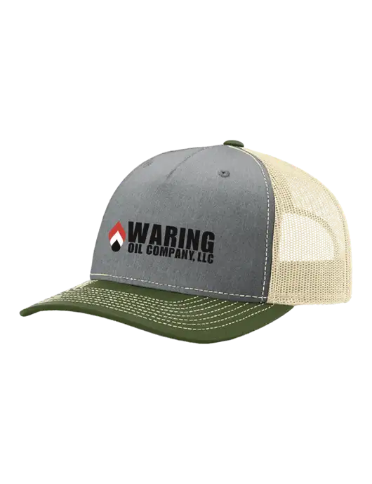 Richardson Five-Panel Trucker Olive/ Light Grey Heather w/Tan Mesh Cap  w/Waring Oil Logo