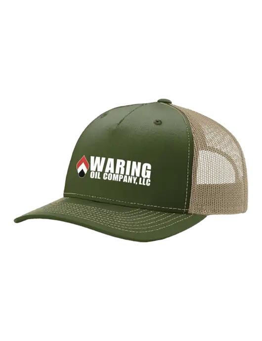 Richardson Five-Panel Trucker Medium Dark Olive/Tan Mesh Cap  w/Waring Oil Logo