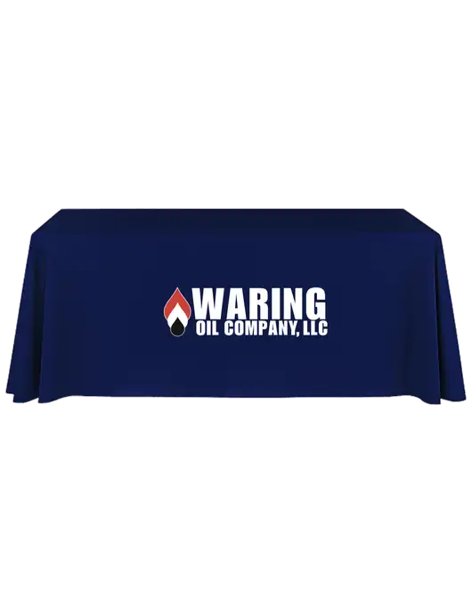 8' Stain-Resistant 4-Sided Dark Navy Table Cover w/Waring Oil Logo